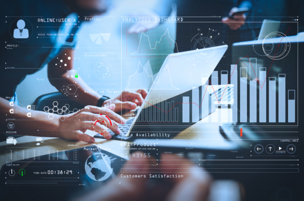 Intelligence (BI) and business analytics (BA) with key performance indicators (KPI) dashboard concept.StartUp Programming Team. Website designer working digital tablet dock keyboard.