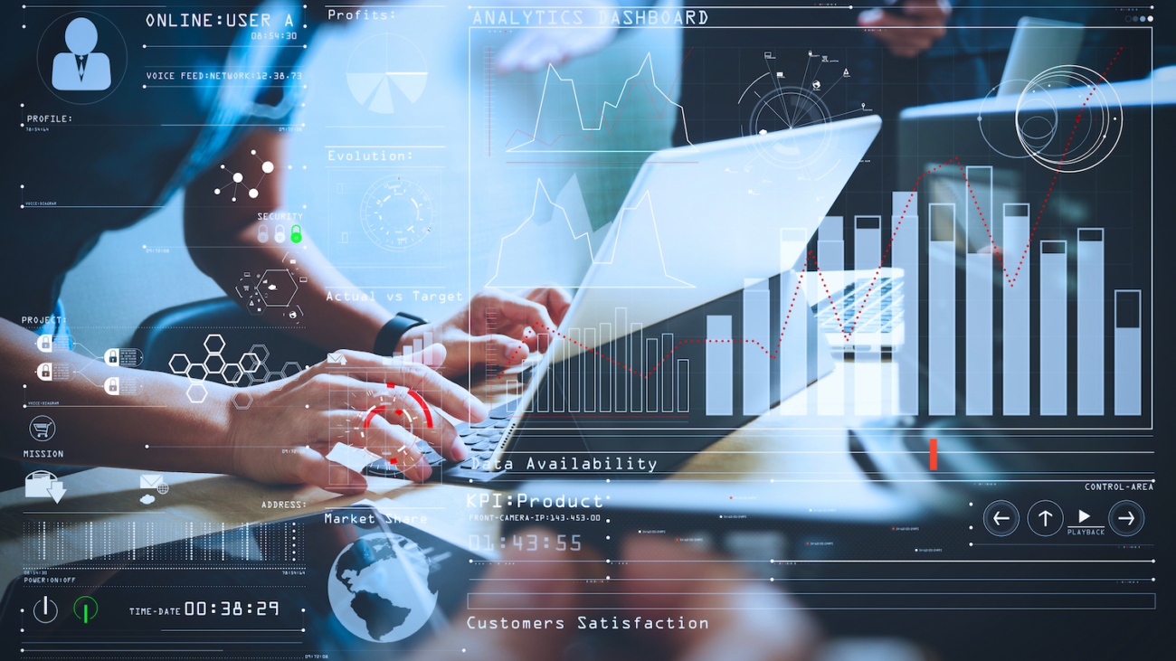 Intelligence (BI) and business analytics (BA) with key performance indicators (KPI) dashboard concept.StartUp Programming Team. Website designer working digital tablet dock keyboard.