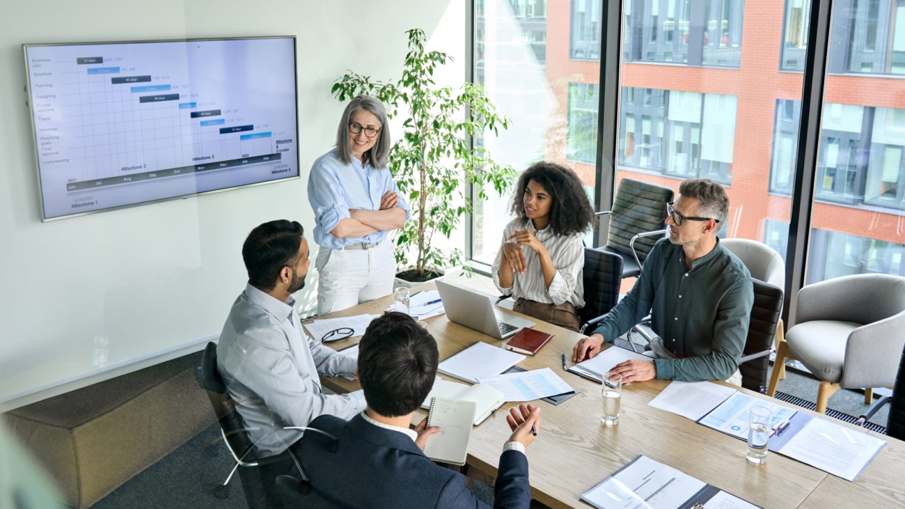 Senior,Female,Ceo,And,Multicultural,Business,People,Discussing,Company,Presentation